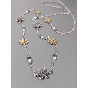 Gray Rhinestone Two Tone Snowflake Station Chain Necklace Pearl Christmas Holida